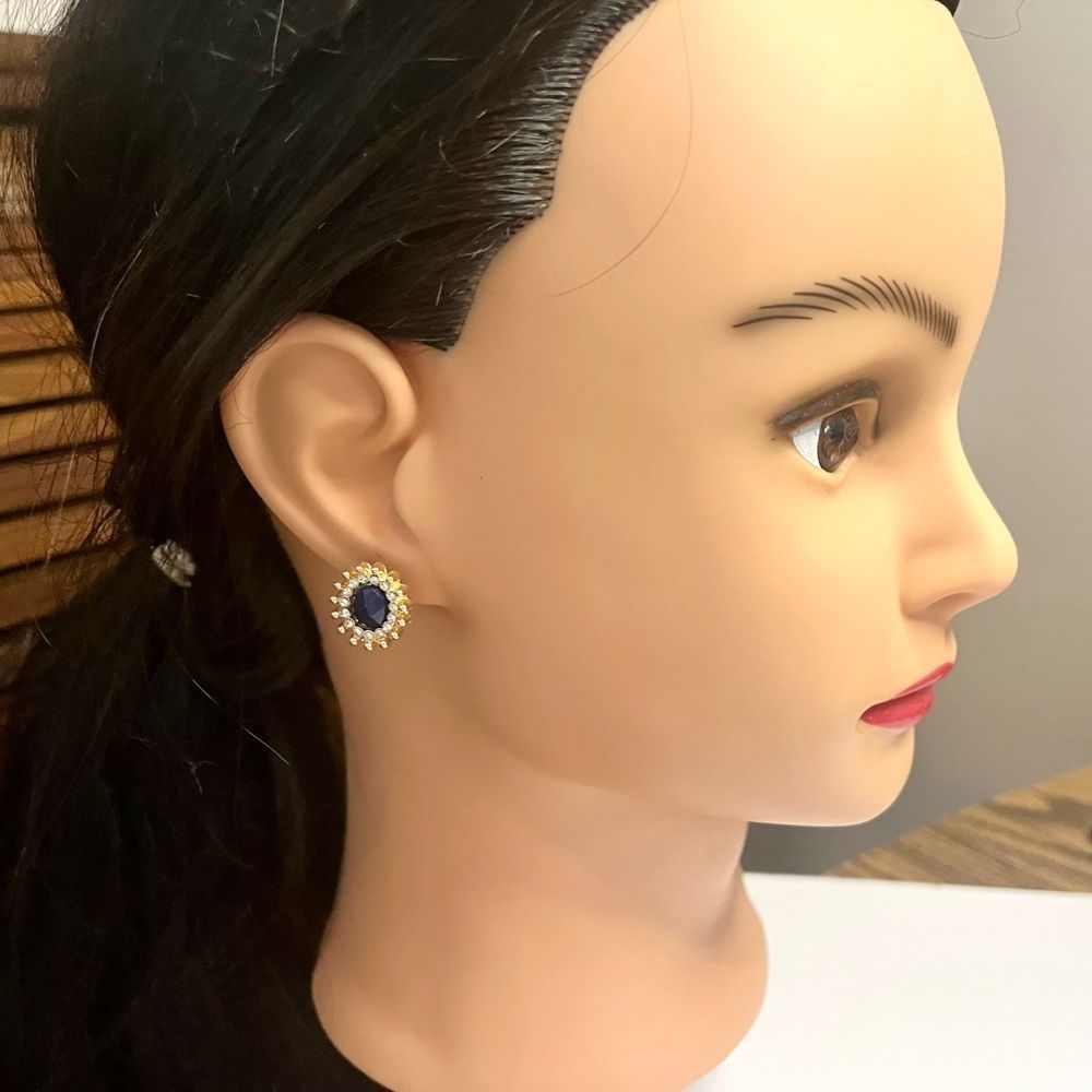 Faux, gold tone blue faceted w/clear rhinestones pierced earrings - Picture 9 of 9